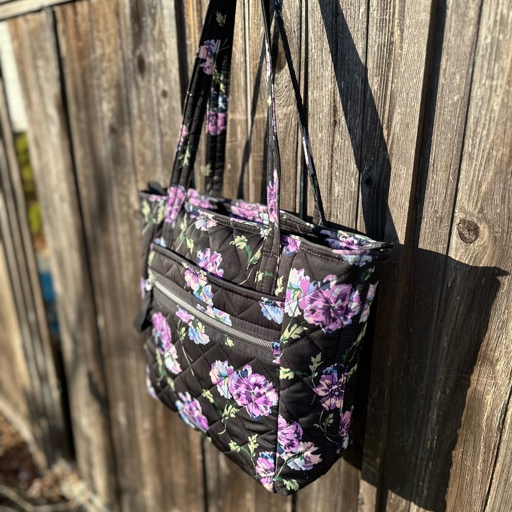 Vera Bradley Black Quilted Tote with Purple Floral Pattern - Picture 8 of 9